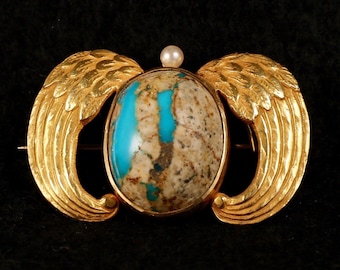 Art Nouveau Matrix Turquoise and Pearl Winged Brooch 14k Gold