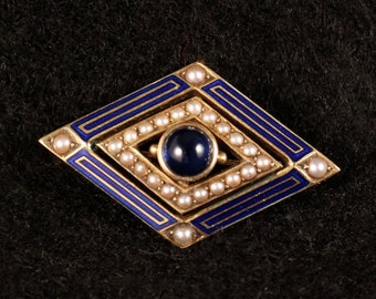 Krementz Art Deco Watch Pin 14k Gold Cabochon Sapphire and Seed Pearls