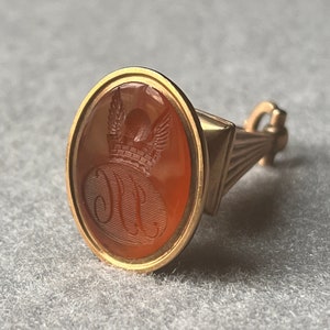Victorian Intaglio Fob in Carnelian and 14k Gold - Sun With Wings Rising over the Crown Motif