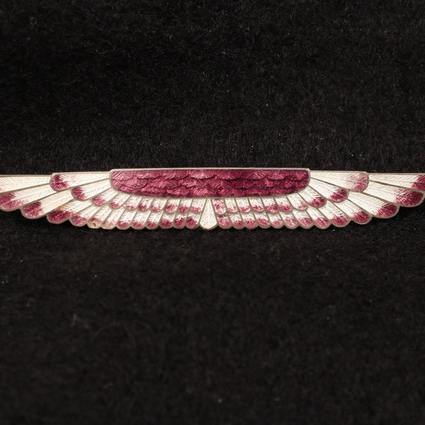 Antique Egyptian Revival Metallic Auburn and Silver Enamel Wings Pin / Brooch