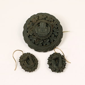 Antique Victorian Irish Bog Oak Jewelry Set – Carved Castle Brooch & Earrings