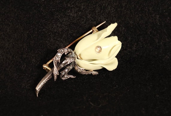 Antique Diamond, Gold and Silver Enameled Rose Br… - image 1