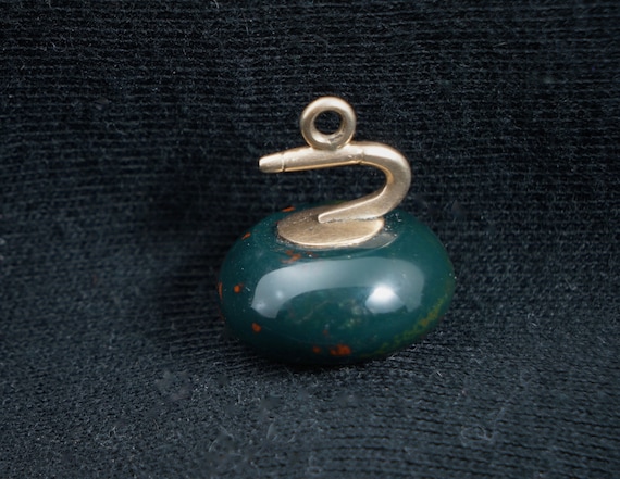 Antique Bloodstone Curling Puck 14k Gold Pendant … - image 1