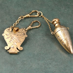Antique Victorian Chatelaine Perfume Flask & Clip – Engraved Gold-Filled Scent Bottle - January 7th 1873