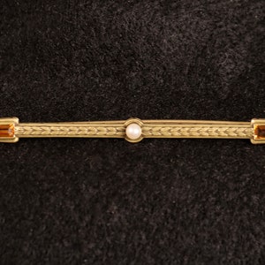 Antique Edwardian Era Seed Pearl and Citrine 14k Gold Bar Brooch