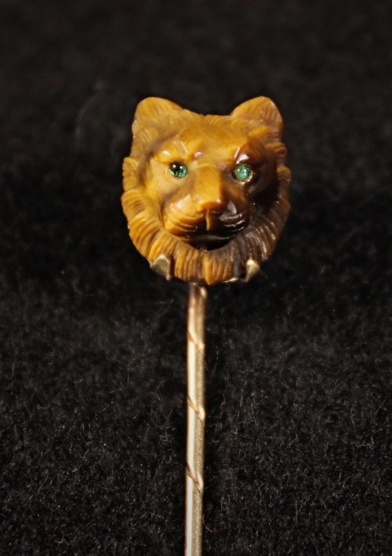 Antique Hand Carved Tigers Eye Lion Motif in 14k G
