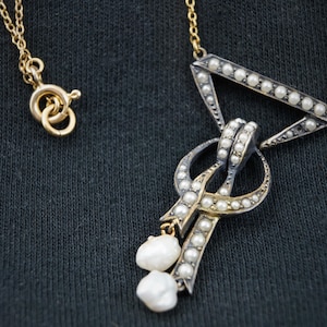 Antique Edwardian 14K Gold and Silver Pearl Lavalier Necklace – Exquisite Seed Pearl and Baroque Drop Pendant