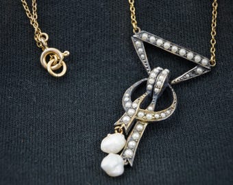 Antique Edwardian Pearl Lavalier Necklace – 14K Gold & Silver Pendant