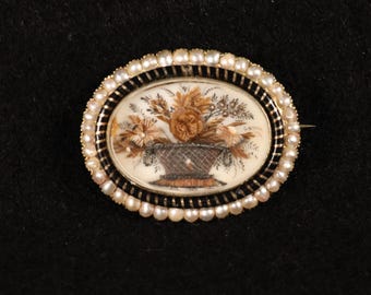19th-Century Victorian Mourning Brooch – Antique Hairwork & Seed Pearl Gold Frame - Memento Mori