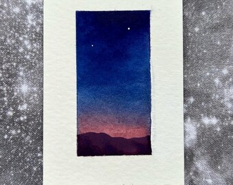Crépuscule - Mini aquarelle de paysage - 2 x 3 pouces