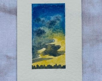 Ciel jaune - Mini peinture de paysage aquarelle - 2 x 3 pouces