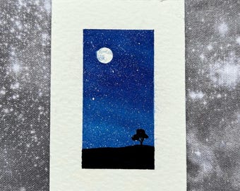 Lune et arbre solitaire - Mini aquarelle de paysage - 2 x 3 pouces