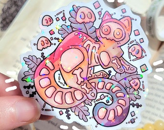 Rainbow Cat Sticker - Halloween Skeleton Cat, Laptop Bottle Water Resistant Color Sticker, Holographic Glossy Pastel Goth Skele the Cat