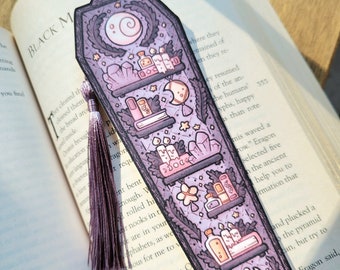 2"x6" Purple Coffin Bookmark with Tassel - Moon Witch Cardstock Paper Book Marker, Unique Spooky Bookish Library Page Tracker not Laminated