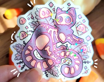 Cute Skeleton Sticker - Halloween Cat, Laptop Water Bottle Water Resistant Sticker, Holographic Glossy, Creepy Cute Sticker, Skele the Cat