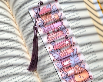 2"x6" Stacked Books Bookmark with Tassel, Gift for Book Lover, Handmade Cardstock Paper Tracker, Floral Plant Book Marker not Laminated