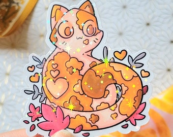 Cute Orange Cat Sticker - Holographic or Clear Laminate, Laptop Water Bottle Water Resistant Sticker, Aesthetic Glossy Vinyl Cat Sticker