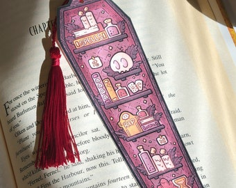 2"x6" Plum Red Coffin Bookmark with Tassel- Halloween Cardstock Paper Book Marker, Unique Spooky Witch Library Page Tracker not Laminated