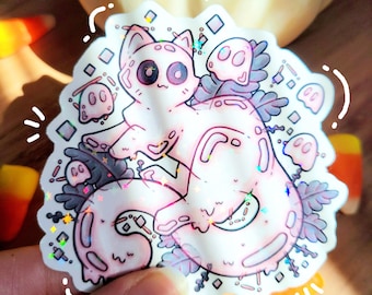 Cute Ghost Sticker - Halloween Cat, Laptop Water Bottle Water Resistant Sticker, Holographic Glossy, Cool Creepy Cute Sticker, Wisp the Cat
