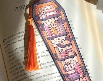 2"x6" Gold Orange Coffin Bookmark with Tassel- Halloween Cardstock Paper Book Marker, Unique Spooky Witch Library Page Tracker not Laminated