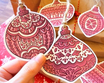 Set of 5 Rustic Gift Hang Tags Red Ornaments with String - Secret Festive Present Tags, Holiday Cardstock Folk Art Baubles not Laminated