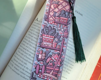 2"x6" Green Garden Bookmark with Tassel, Comfy Cozy Cottage Gardening Bookish Gift, Handmade Cardstock Paper Page Marker not Laminated