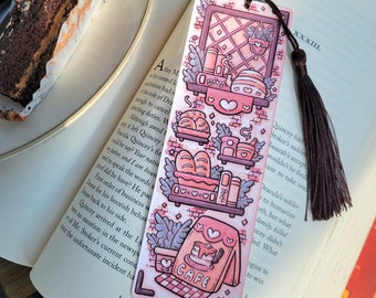 2"x6" Cafe Bakery Bookmark with Tassel, Comfy Cozy Cottage Coffee and Tea Bookish Gift, Handmade Cardstock Paper Page Marker not Laminated