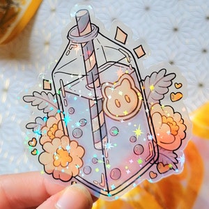 Pegatina de té de burbujas azul: laminado holográfico o transparente, pegatina transparente para bebidas heladas, pegatina resistente al agua para botellas de agua para portátiles