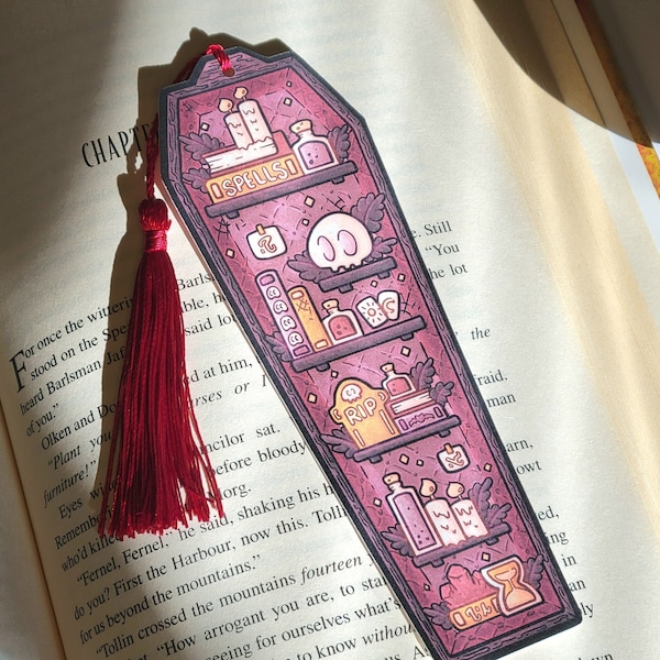 2"x6" Plum Red Coffin Bookmark with Tassel- Halloween Cardstock Paper Book Marker, Unique Spooky Witch Library Page Tracker not Laminated