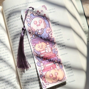 2"x6" Ghost Books Halloween Bookmark with Tassel, Spooky Aesthetic, Autumn Fall, Gift for Book Lover, Handmade Cardstock Paper not Laminated