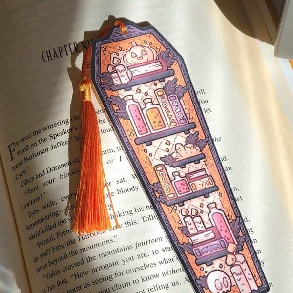 2"x6" Gold Orange Coffin Bookmark with Tassel- Halloween Cardstock Paper Book Marker, Unique Spooky Witch Library Page Tracker not Laminated