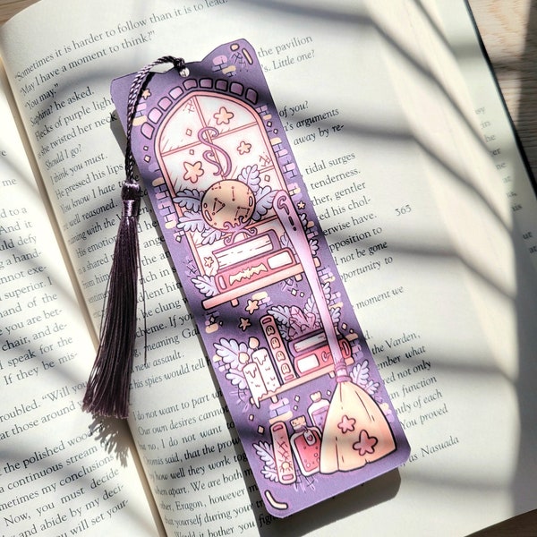 2"x6" Witch Library Halloween Bookmark with Tassel, Spooky Aesthetic Autumn Fall, Book Lover Gift, Handmade Cardstock Paper not Laminated