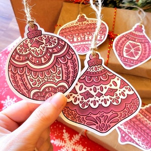 Set of 5 Rustic Gift Hang Tags Red Ornaments with String Secret Festive Present Tags, Holiday Cardstock Folk Art Baubles not Laminated image 1