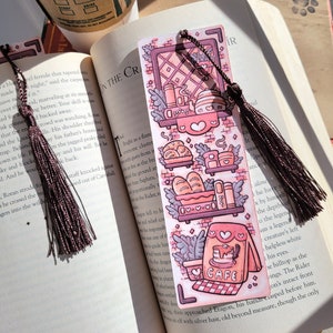 2x6 Cafe Bakery Bookmark with Tassel, Comfy Cozy Cottage Coffee and Tea Bookish Gift, Handmade Cardstock Paper Page Marker not Laminated image 4