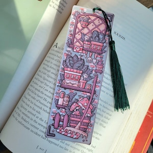 2"x6" Green Garden Bookmark with Tassel, Comfy Cozy Cottage Gardening Bookish Gift, Handmade Cardstock Paper Page Marker not Laminated