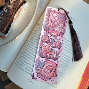 Marcapáginas de panadería y cafetería de 5 x 15 cm con borla, un acogedor regalo de café y té campestre, hecho a mano, cartulina (no laminada)