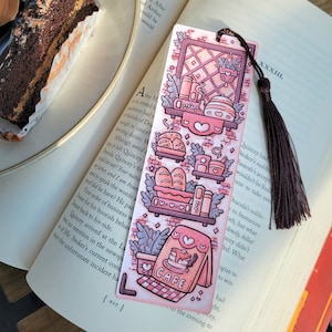 2"x6" Cafe Bakery Bookmark with Tassel, Comfy Cozy Cottage Coffee and Tea Bookish Gift, Handmade Cardstock Paper Page Marker not Laminated