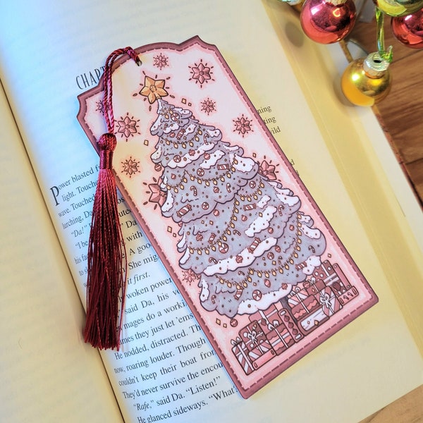 2.75"x5.875" Christmas Tree Bookmark with Tassel Red- Winter Cardstock Paper Book Marker, Cute Festive Holiday Bookish Tracker not Laminated