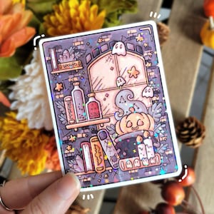 Witch Library Bookish Sticker - Laptop Water Bottle Water Resistant, Laminated Holographic Glossy Decal, Spooky Cute Witchy Stationary