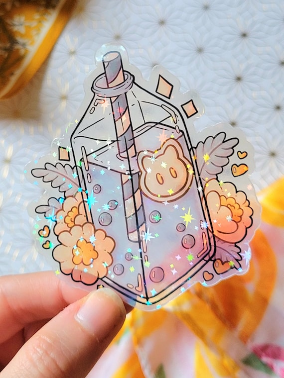 Blue Bubble Tea Sticker - Holographic or Clear Laminate, Frosty Clear Transparent Drink Sticker, Laptop Water Bottle Water Resistant Sticker