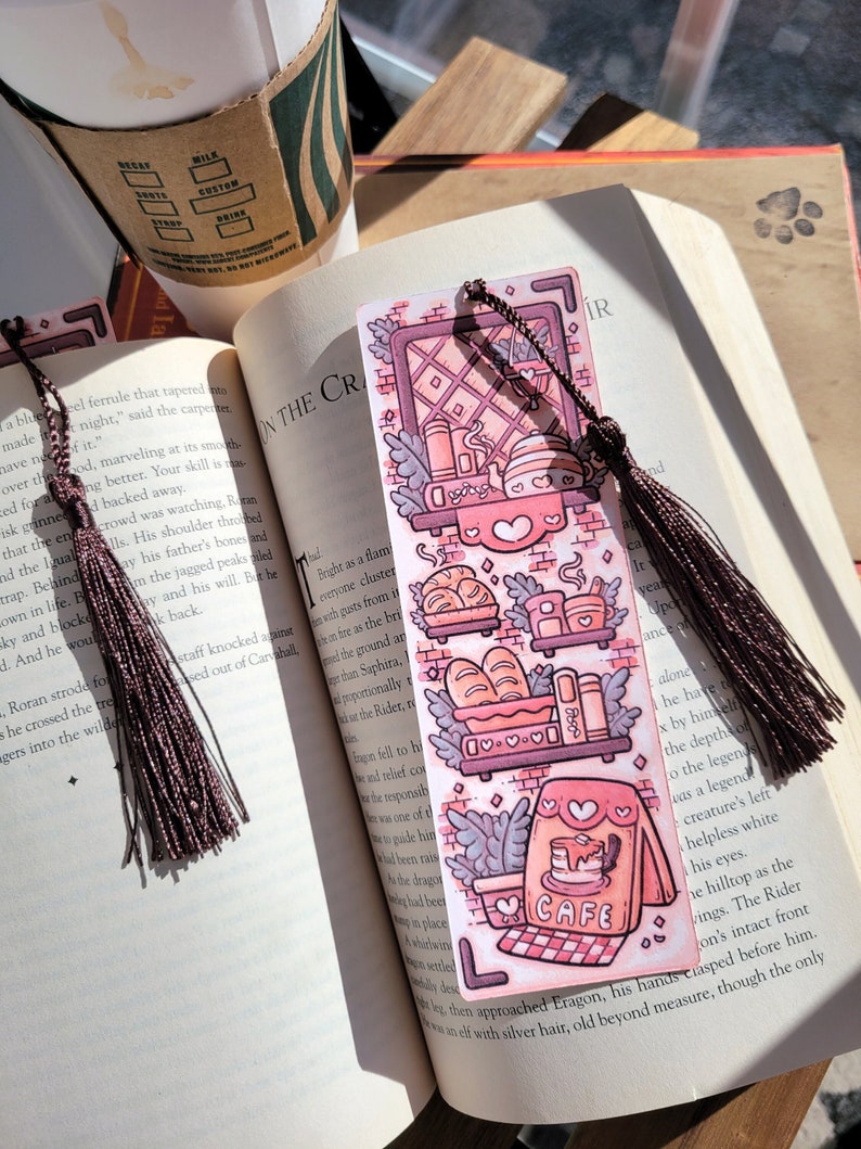 2x6 Cafe Bakery Bookmark with Tassel, Comfy Cozy Cottage Coffee and Tea Bookish Gift, Handmade Cardstock Paper Page Marker not Laminated image 4