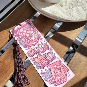 2x6 Cafe Bakery Bookmark with Tassel, Comfy Cozy Cottage Coffee and Tea Bookish Gift, Handmade Cardstock Paper Page Marker not Laminated image 8