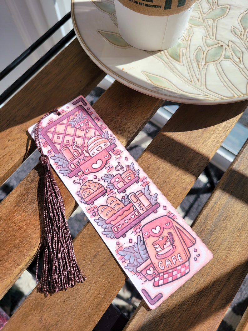 2x6 Cafe Bakery Bookmark with Tassel, Comfy Cozy Cottage Coffee and Tea Bookish Gift, Handmade Cardstock Paper Page Marker not Laminated image 8