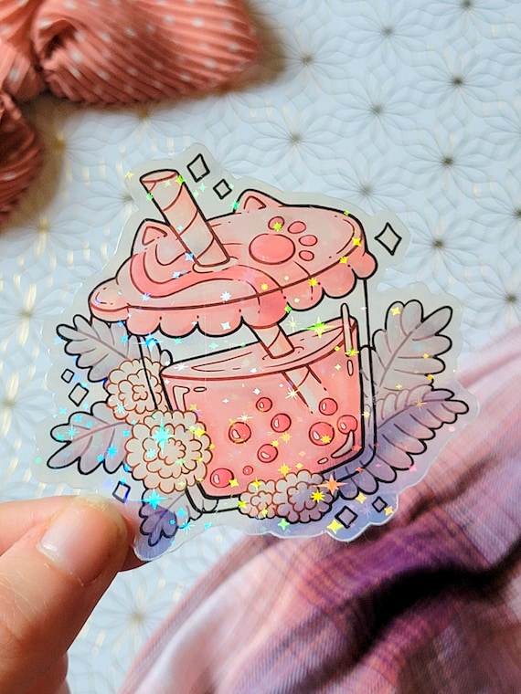 Pink Bubble Tea Sticker - Holographic or Clear Laminate, Frosty Clear Transparent Drink Sticker, Laptop Water Bottle Water Resistant Sticker