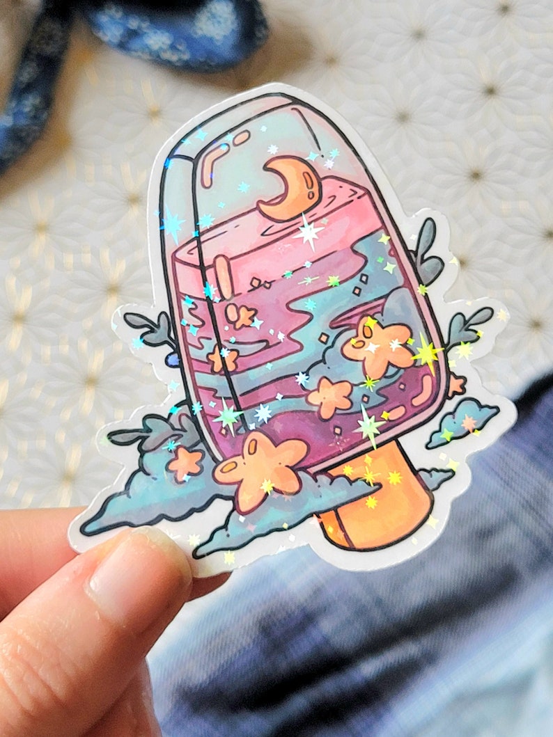 Ice Pop Space Sticker Holographic or Clear Laminate, Laptop Water Bottle Water Resistant Sticker, Aesthetic Glossy Vinyl Food Sticker Holographic (Stars)