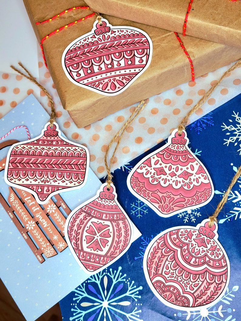 Set of 5 Rustic Gift Hang Tags Red Ornaments with String Secret Festive Present Tags, Holiday Cardstock Folk Art Baubles not Laminated image 9