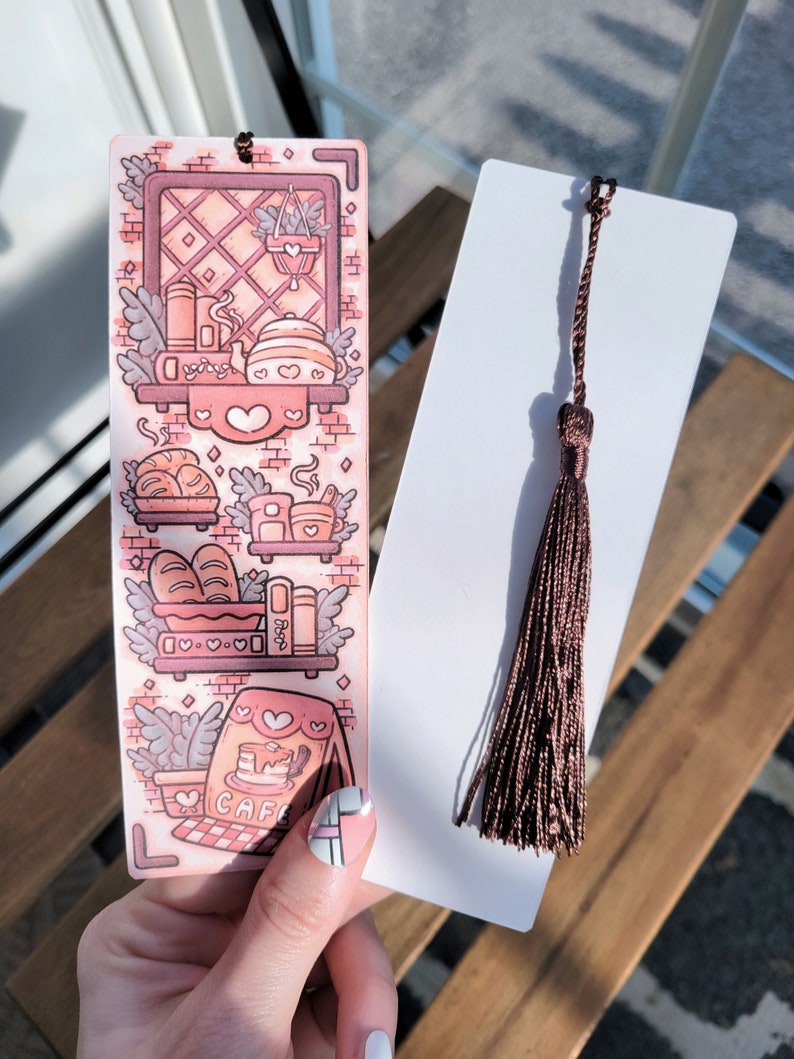 2x6 Cafe Bakery Bookmark with Tassel, Comfy Cozy Cottage Coffee and Tea Bookish Gift, Handmade Cardstock Paper Page Marker not Laminated image 2