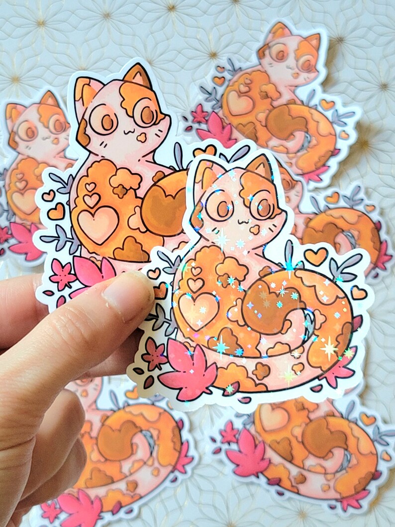 Cute Orange Cat Sticker Holographic or Clear Laminate, Laptop Water Bottle Water Resistant Sticker, Aesthetic Glossy Vinyl Cat Sticker image 3