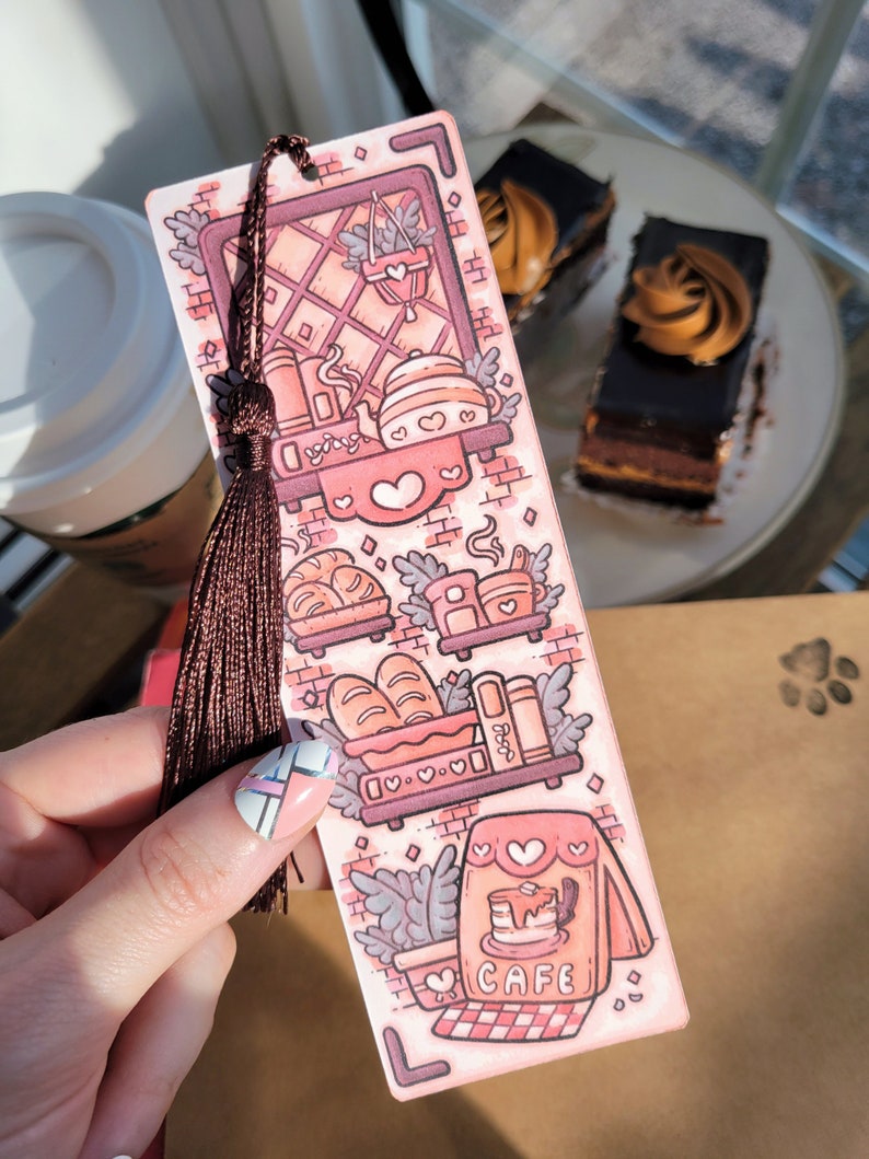 2x6 Cafe Bakery Bookmark with Tassel, Comfy Cozy Cottage Coffee and Tea Bookish Gift, Handmade Cardstock Paper Page Marker not Laminated image 6