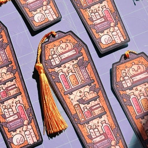 2x6 Gold Orange Coffin Bookmark with Tassel Halloween Cardstock Paper Book Marker, Unique Spooky Witch Library Page Tracker not Laminated image 8